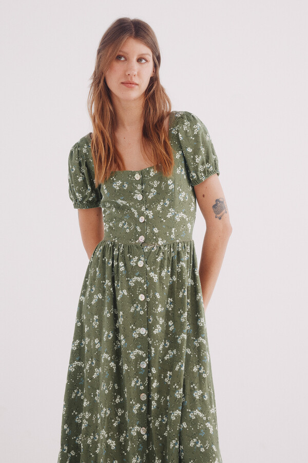 Springfield Vestido midi espalda cruzada lino verde