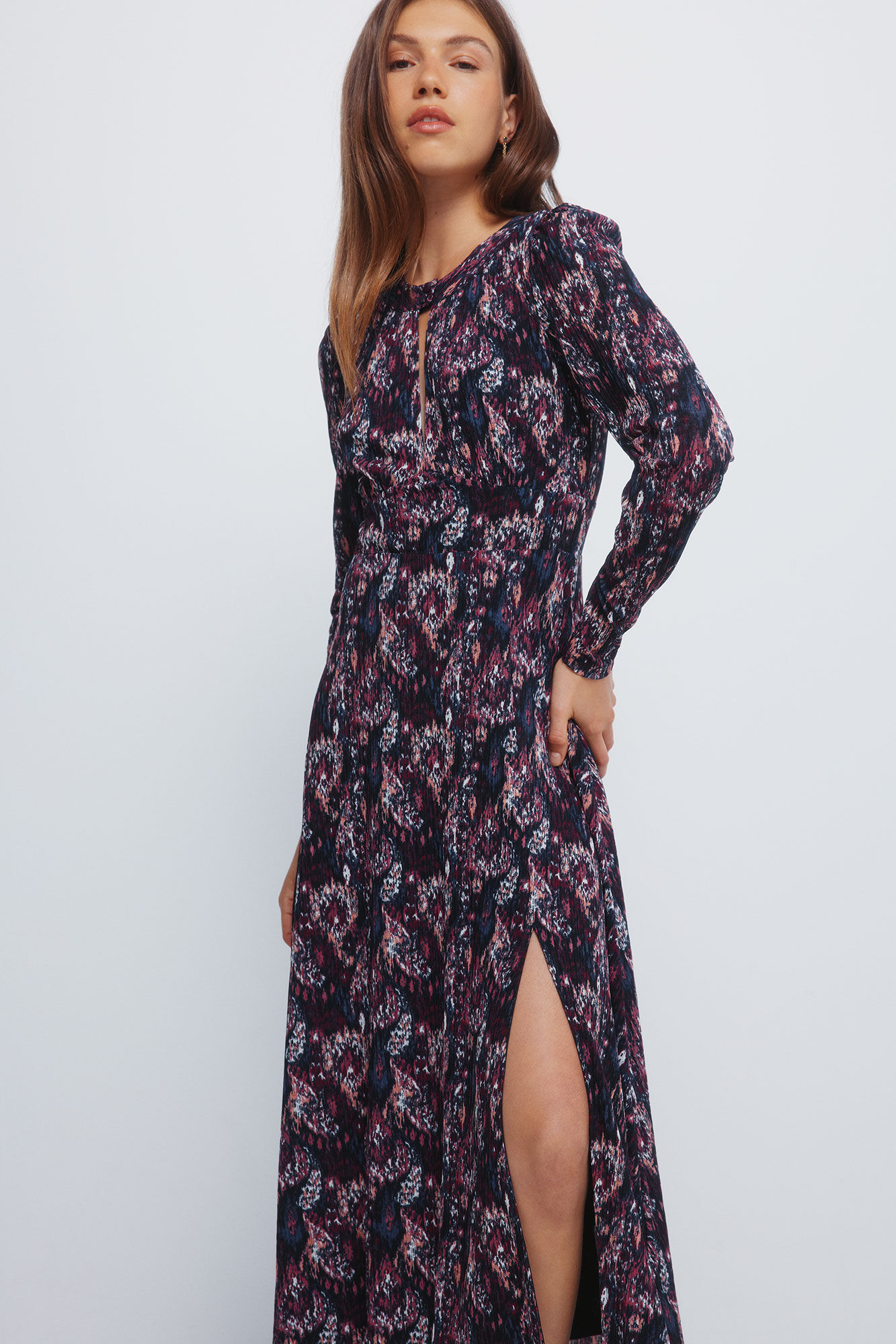 Springfield Vestido midi con escote escote y estampado p&uacute;rpura