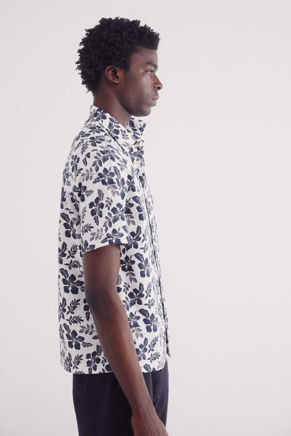 Springfield Camisa manga corta seersucker estampada azul indigo