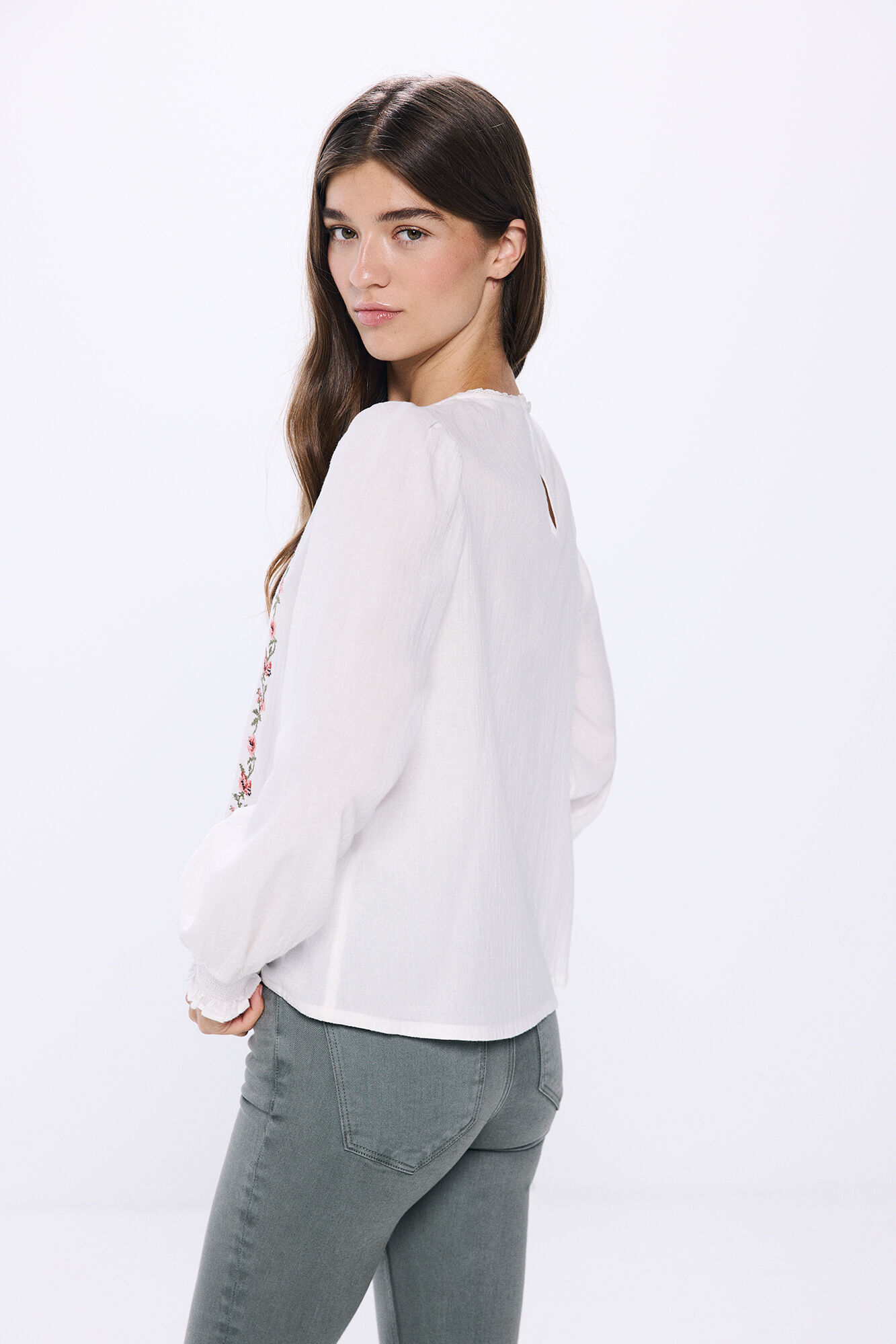 Springfield Blusa bordados  verticales flores  blanco