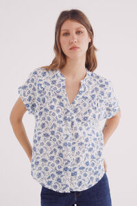 Springfield Blusa escote pico algodón lino azulado