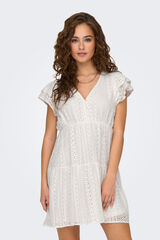 Only Vestido corto escote pico encaje natural