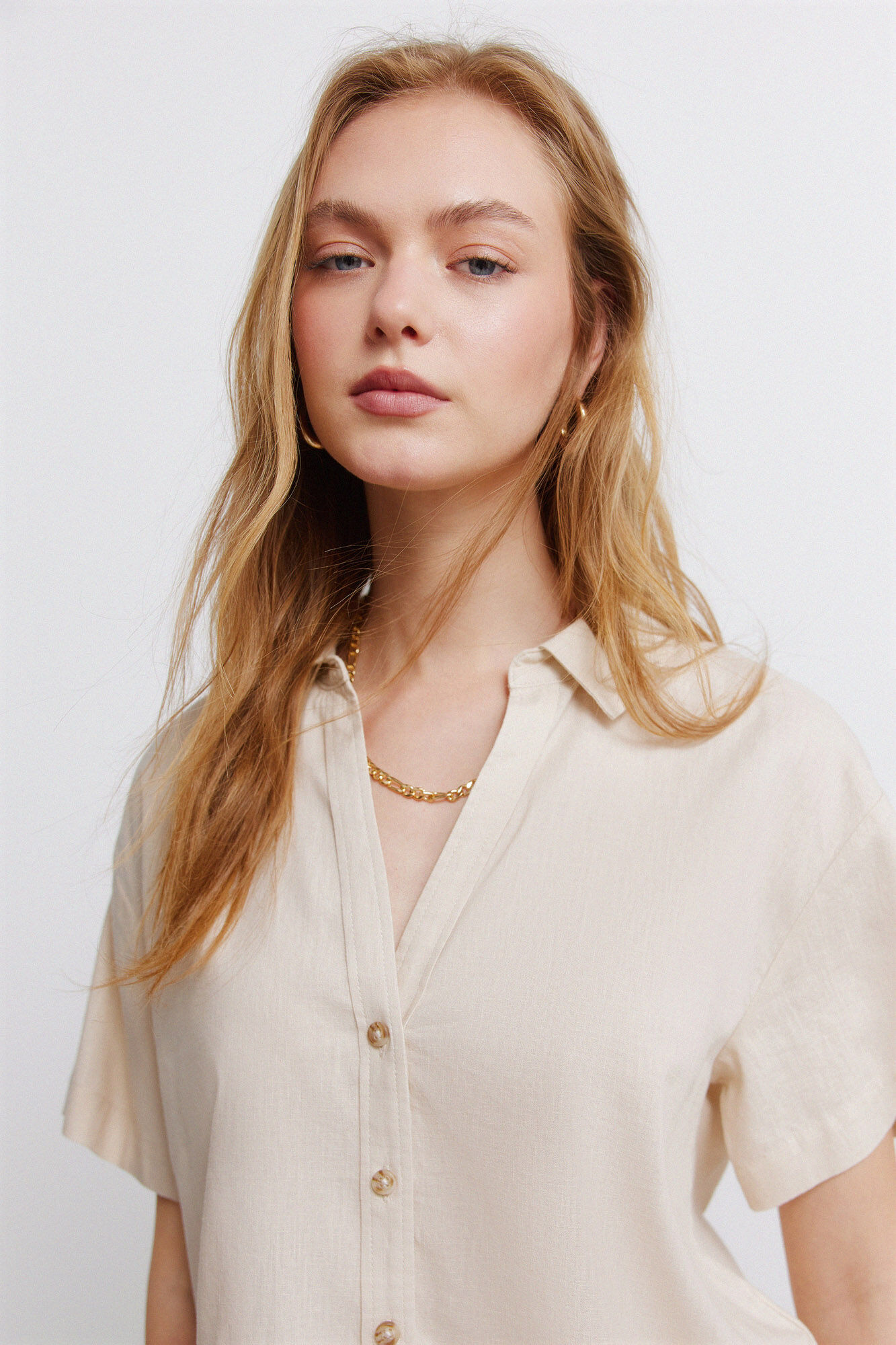 Springfield Camisa de lino de manga corta beige