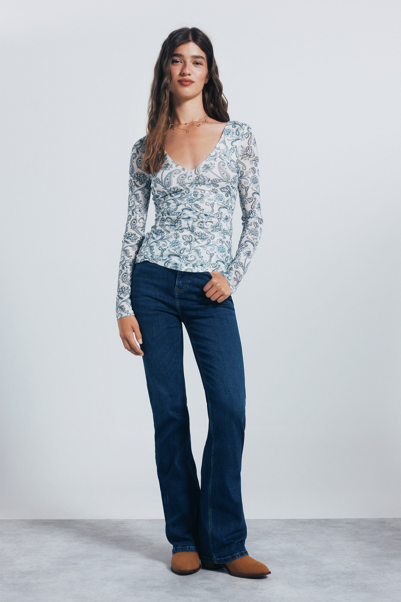 Springfield Playera gasa escote frunces estampada blanco