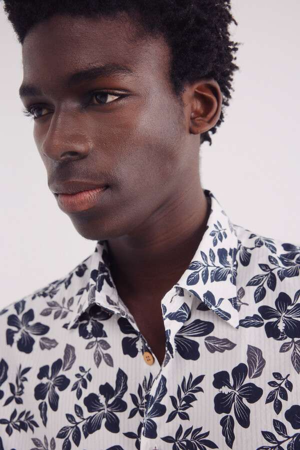 Springfield Camisa manga corta seersucker estampada azul indigo