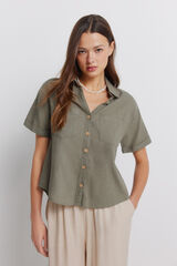 Springfield Camisa de lino de manga corta khaki
