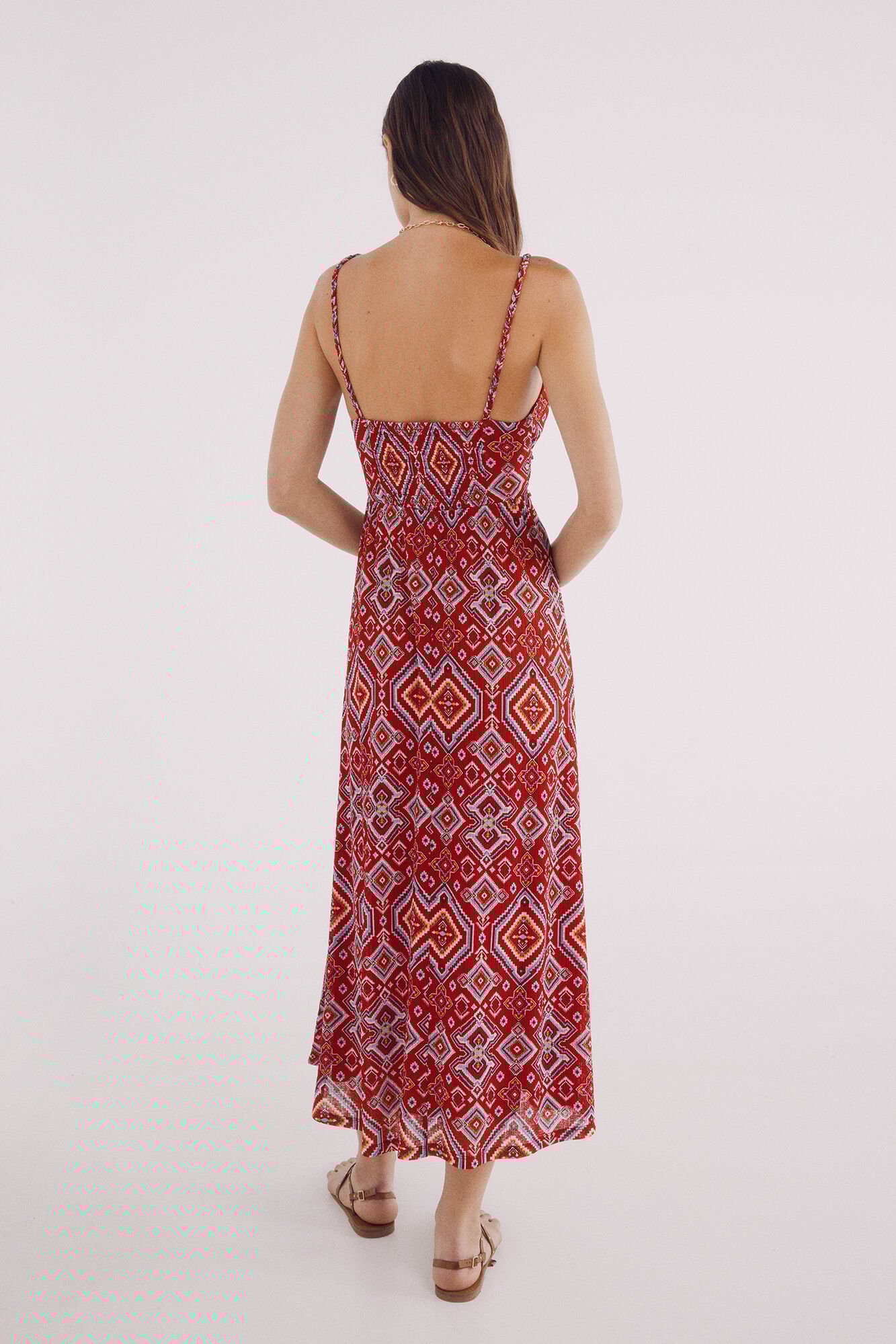 Springfield Vestido midi estampado detalles trenzados rojo