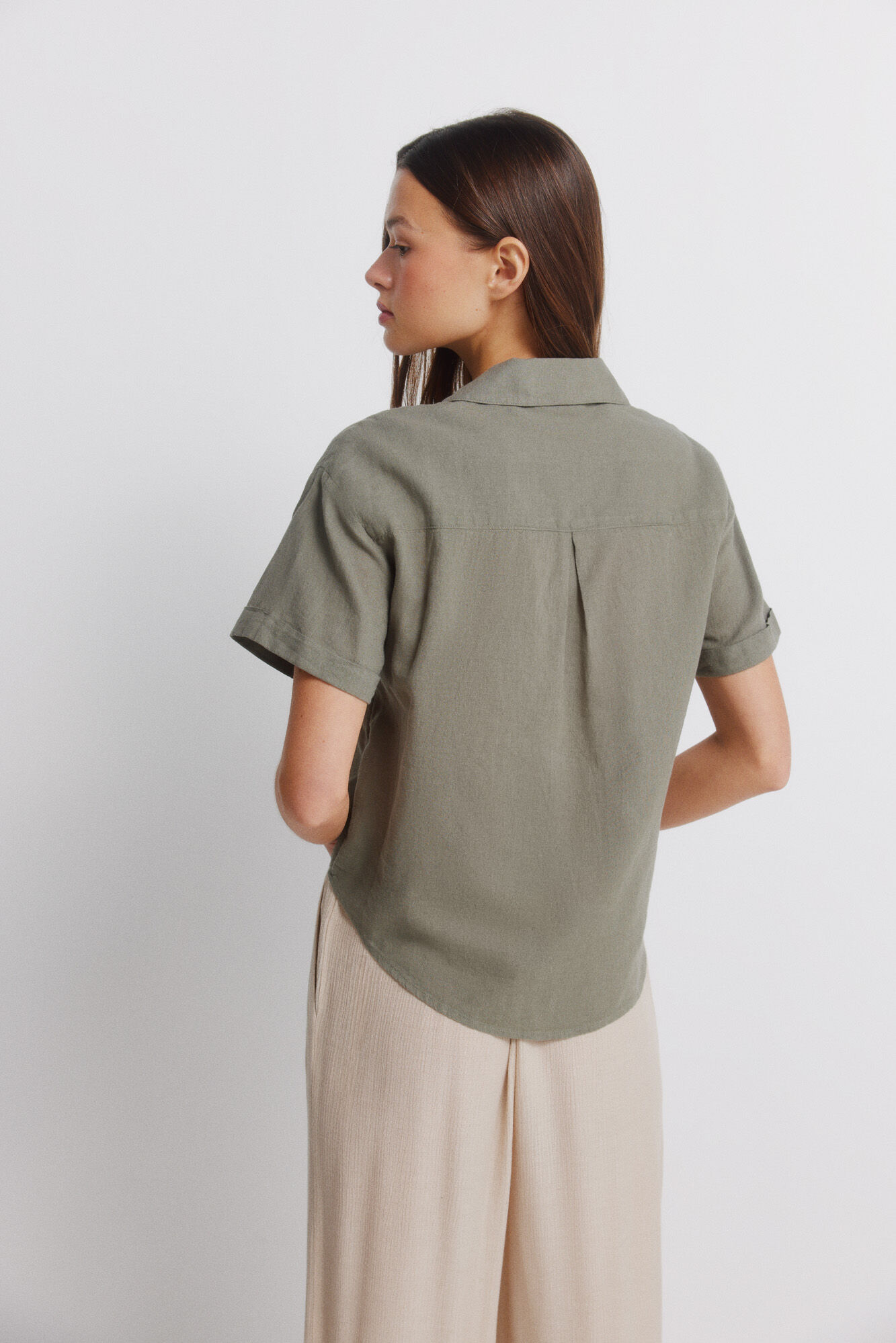 Springfield Camisa de lino de manga corta khaki