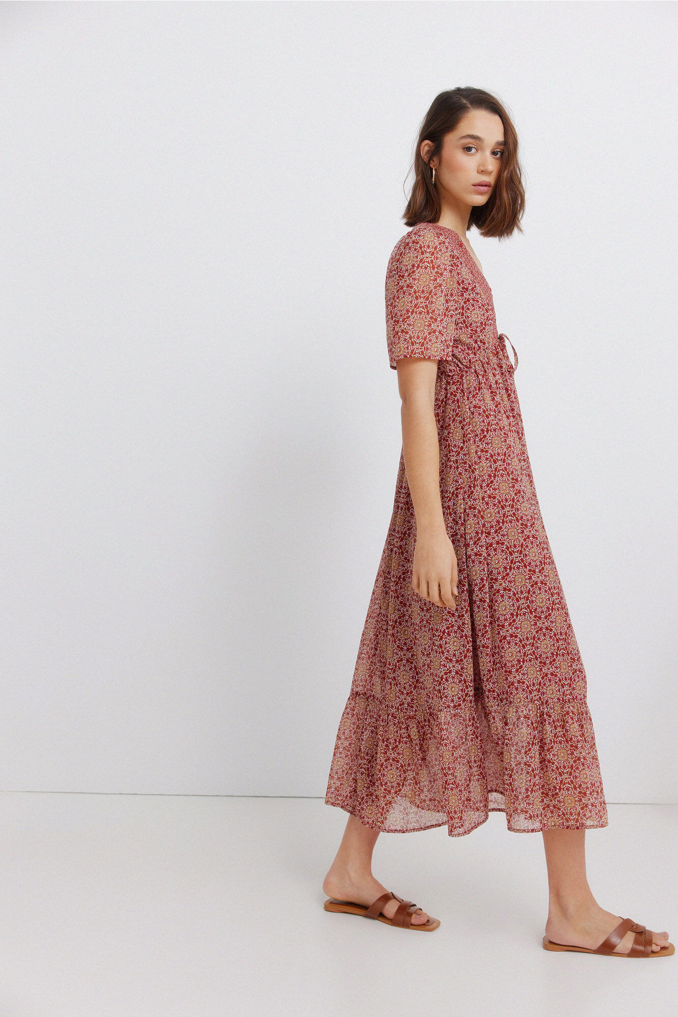 Springfield Vestido midi con estampado cenefa en el escote coral