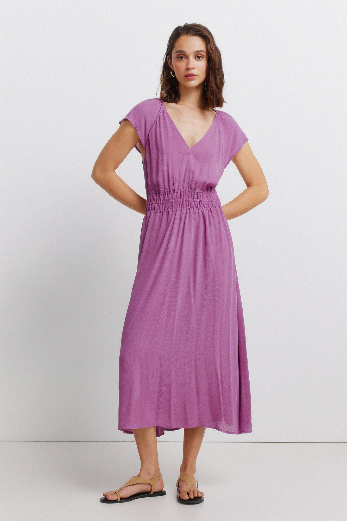 Springfield Vestido midi liso con el&aacute;stico en la cintura