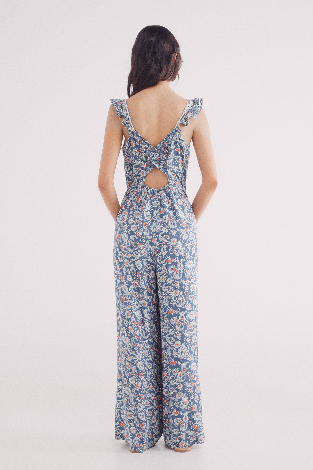 Springfield Jumpsuit largo estampado espalda cruzada verde
