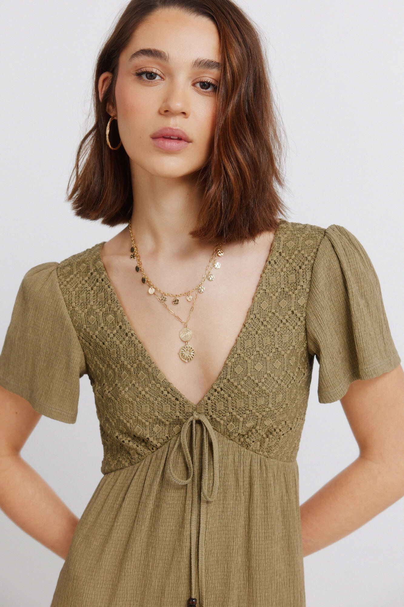 Springfield Vestido midi con volantes kaki