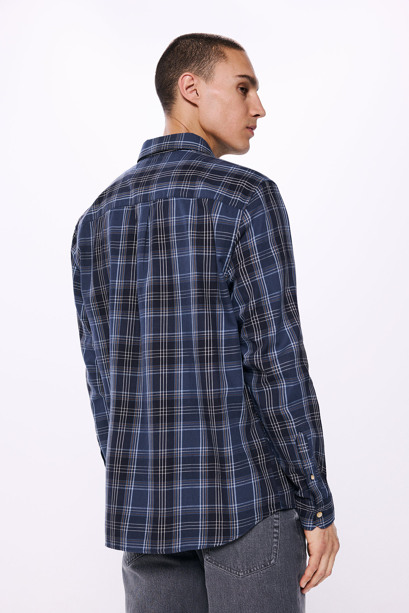 Camisa de algodón premium a cuadros de sarga en blanco brillante con