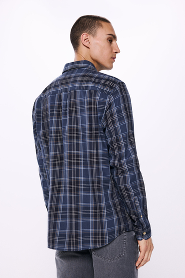 Camisa de algodón premium a cuadros de sarga en blanco brillante con Camisa de algodón premium a cuadros de sarga en blanco brillante con