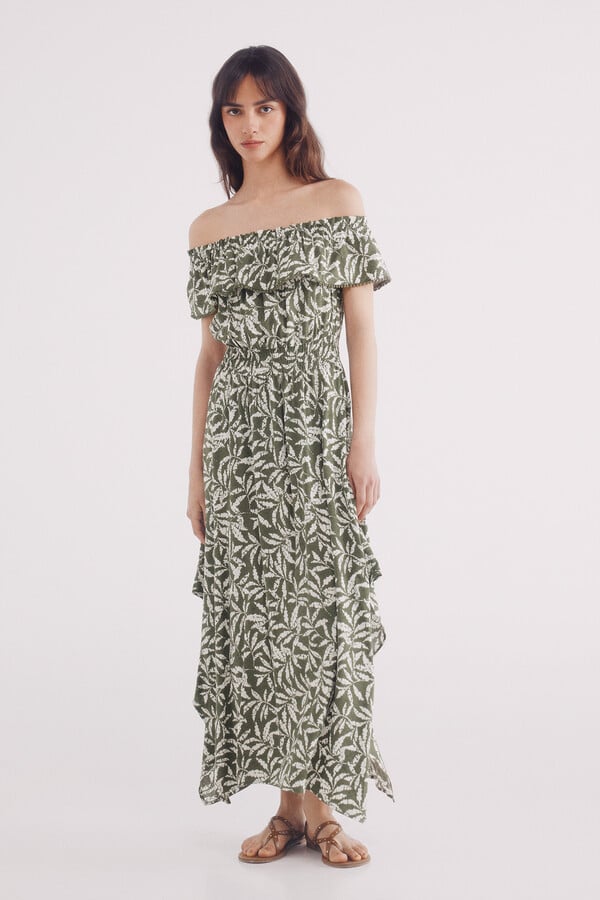 Springfield Vestido midi escote volante estampado verde