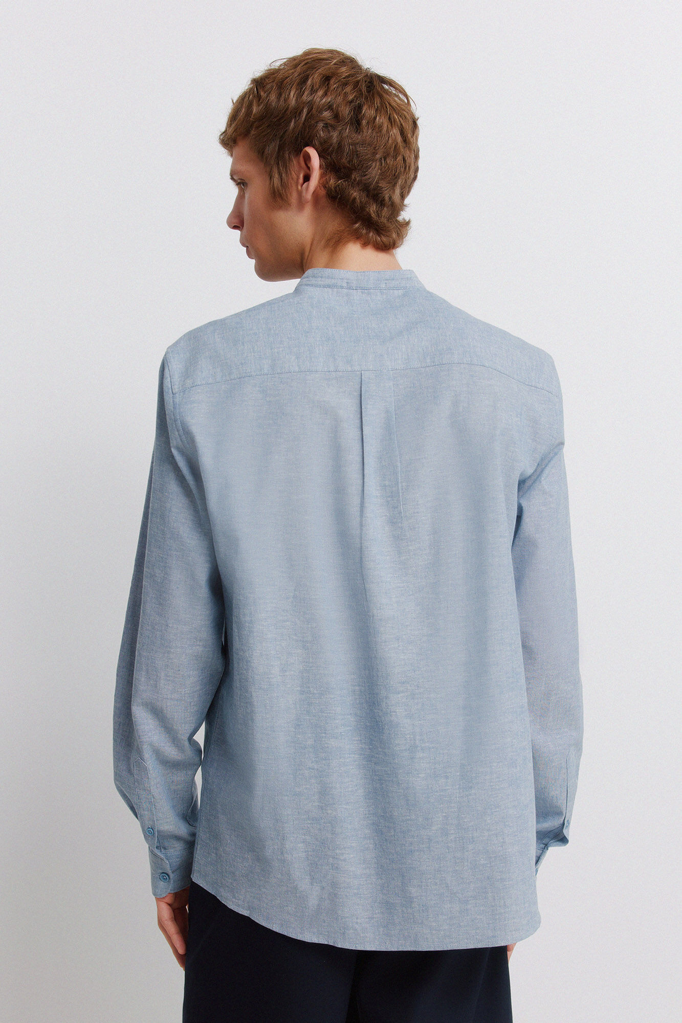 Springfield Camisa de lino cuello mao azul