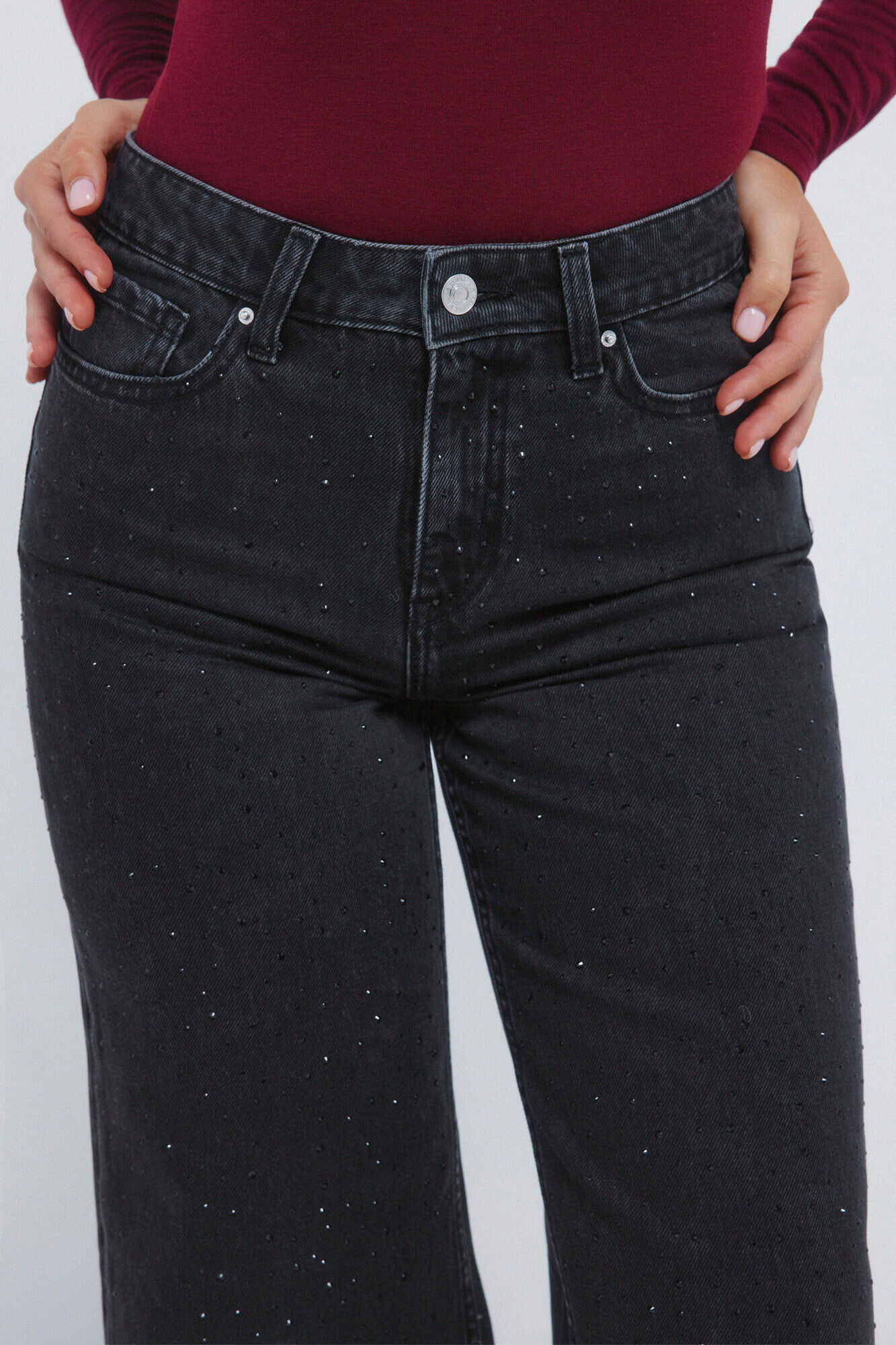 Springfield Jeans de pierna ancha con cristales brillantes negro