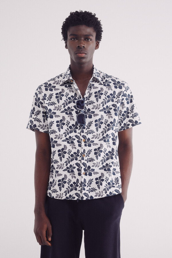 Springfield Camisa manga corta seersucker estampada azul indigo