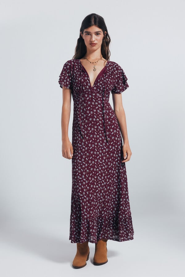 Springfield Vestido midi manga volante estampado púrpura