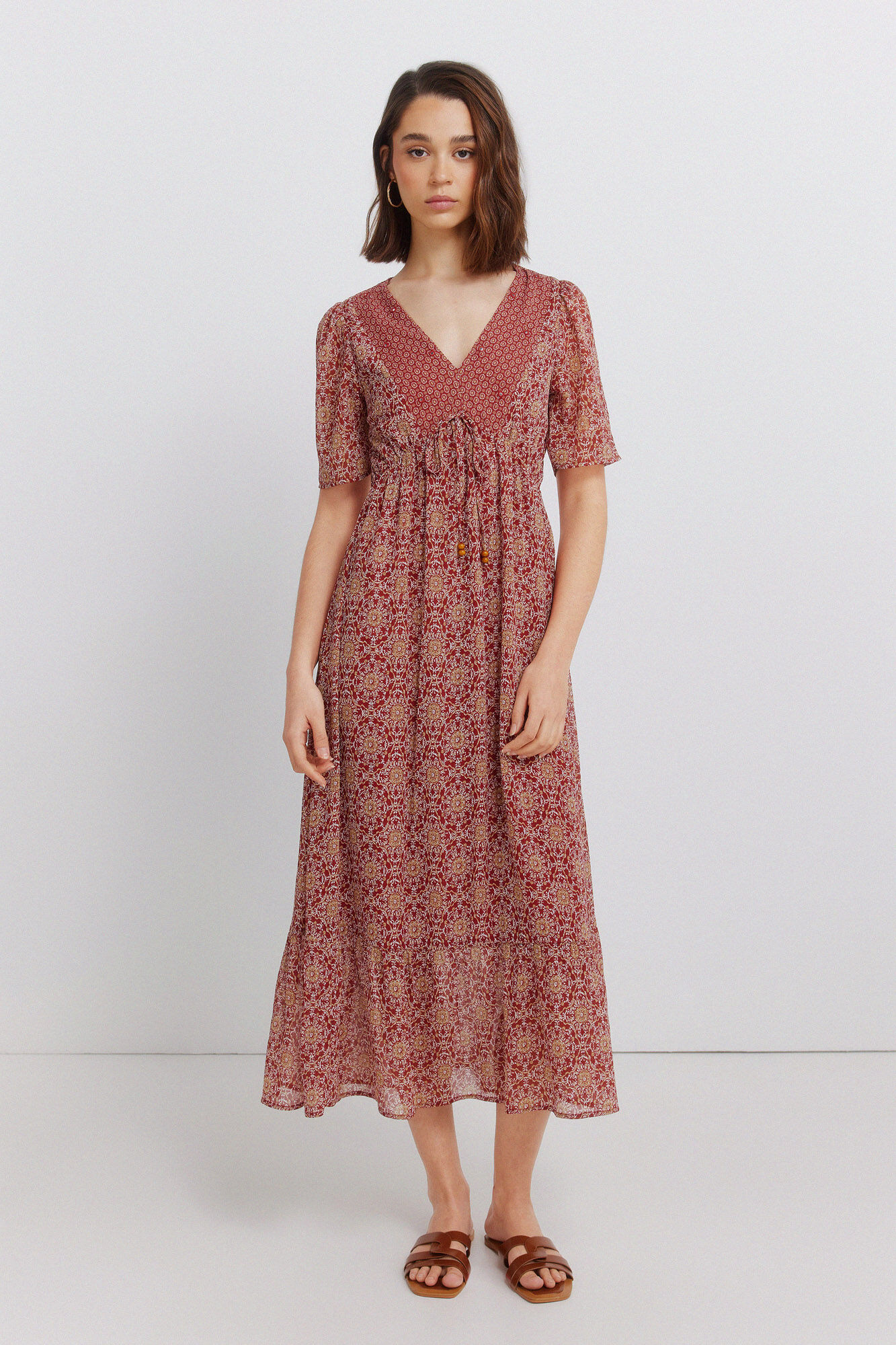 Springfield Vestido midi con estampado cenefa en el escote