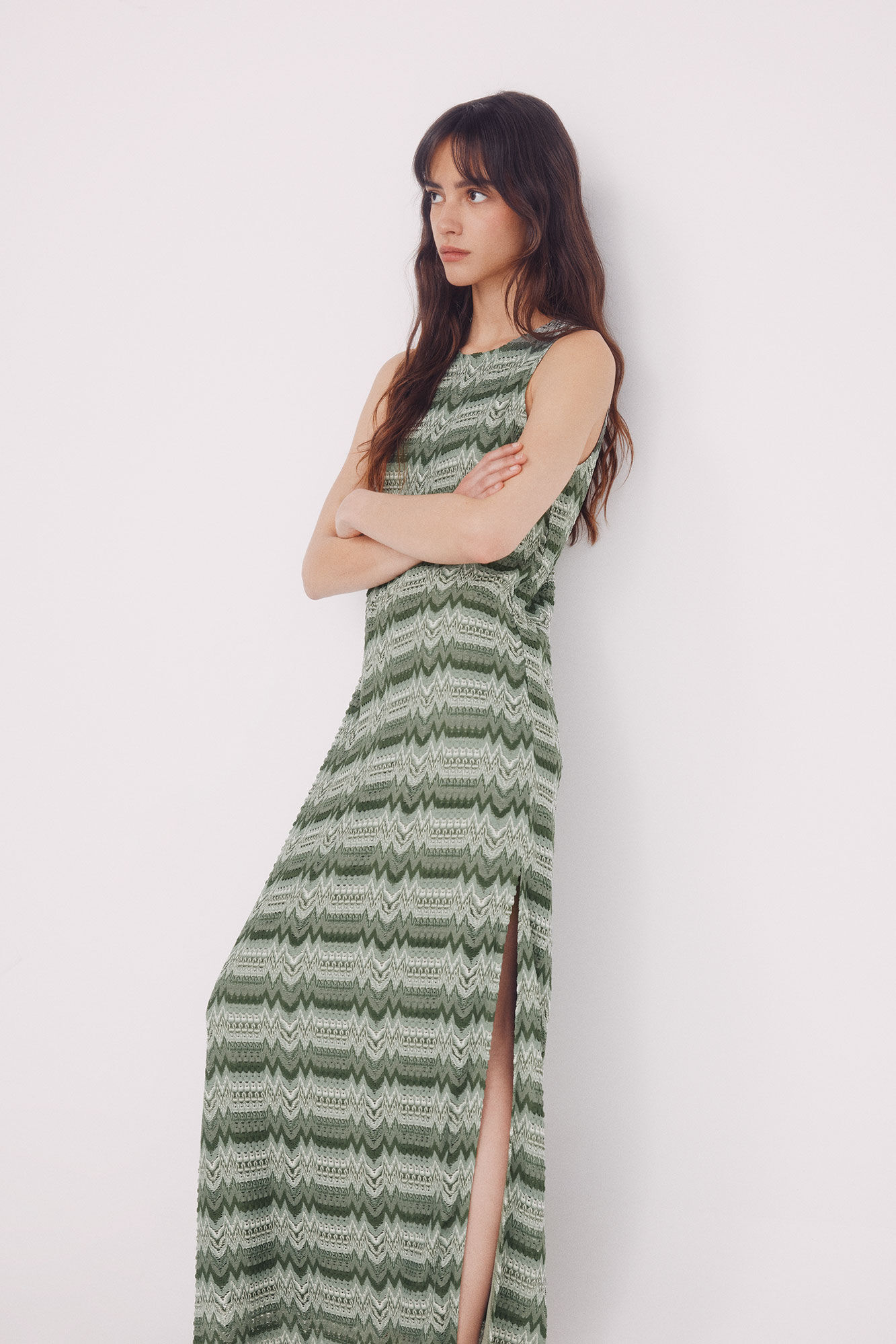 Springfield Vestido midi tubo estructura cenefas zig zag verde