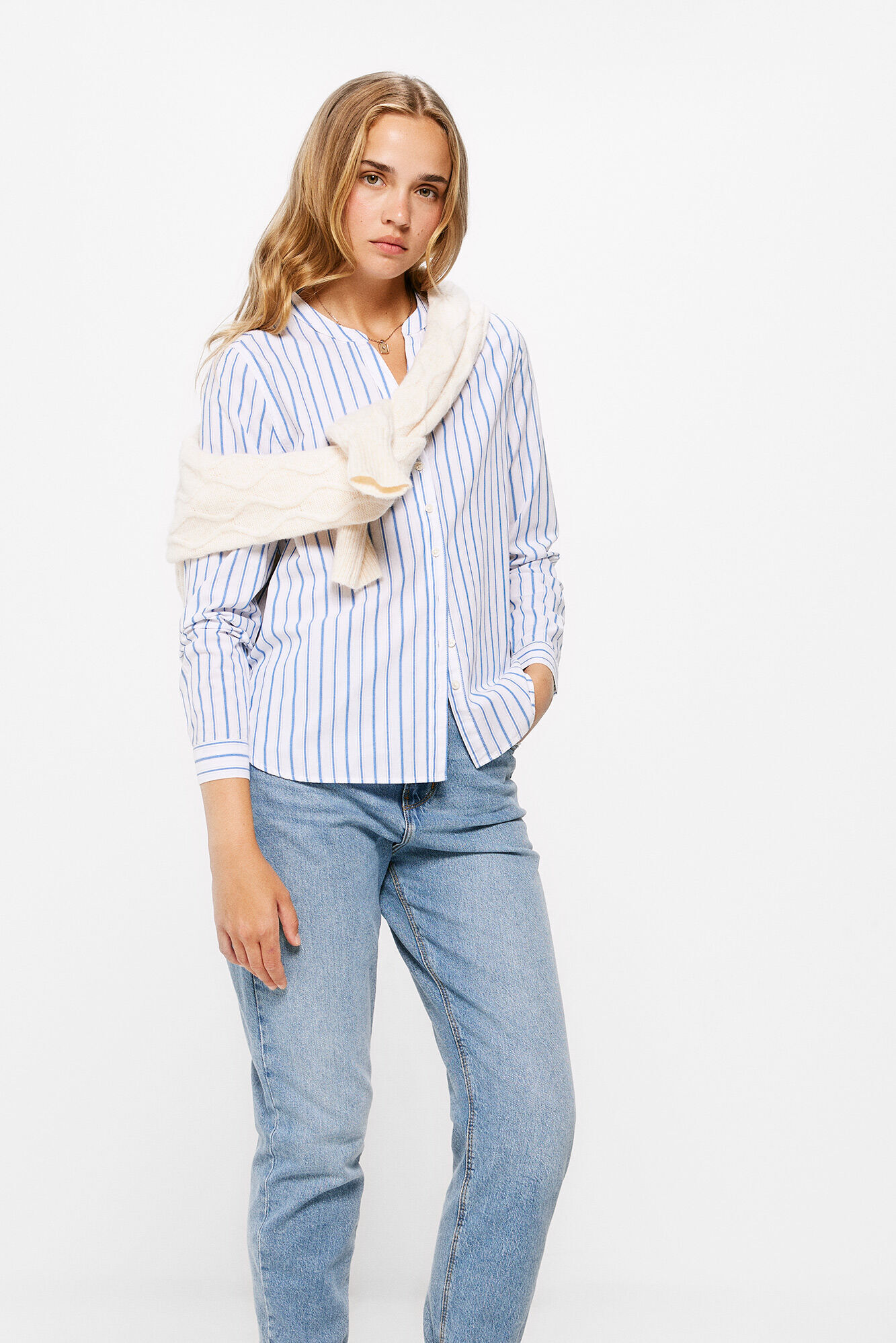 Springfield Blusa Rayas Cuello Mao Algod&oacute;n azul mezcla