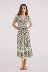 Springfield Vestido midi estampado étnico cenefa verde