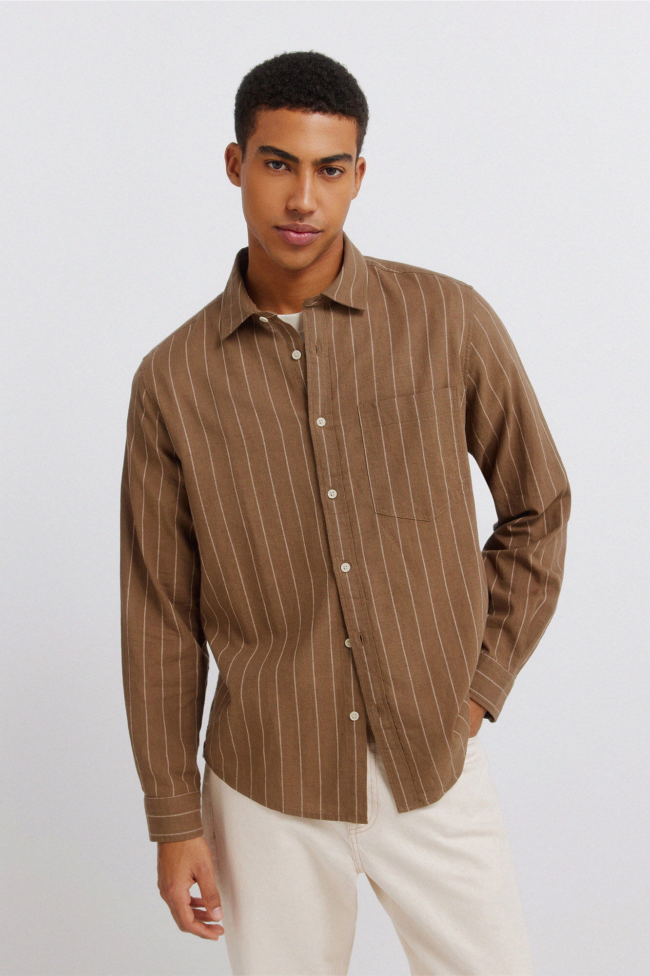 Springfield Camisa de rayas con lino caf&eacute;