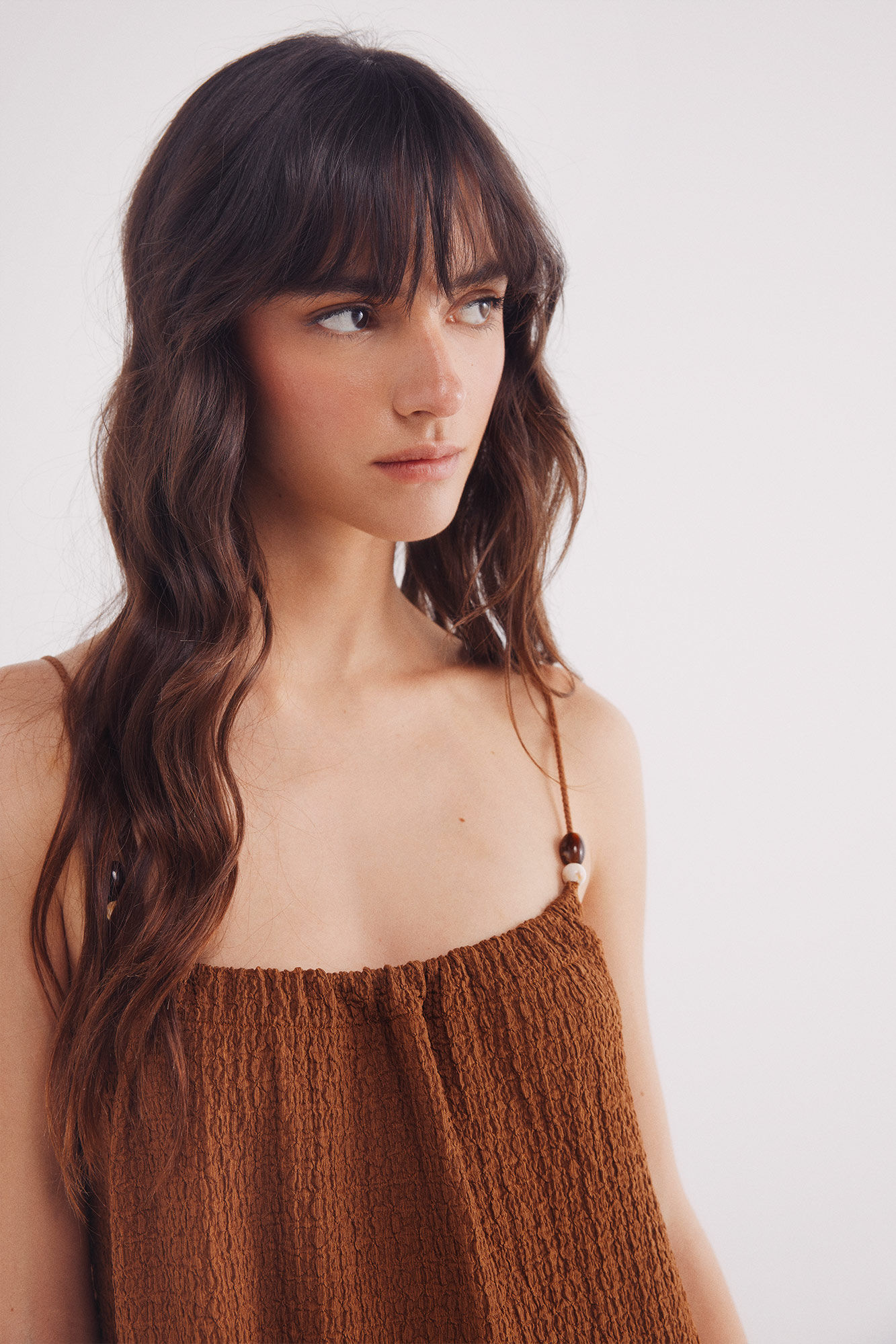 Springfield Vestido midi tirantes bolitas caf&eacute;