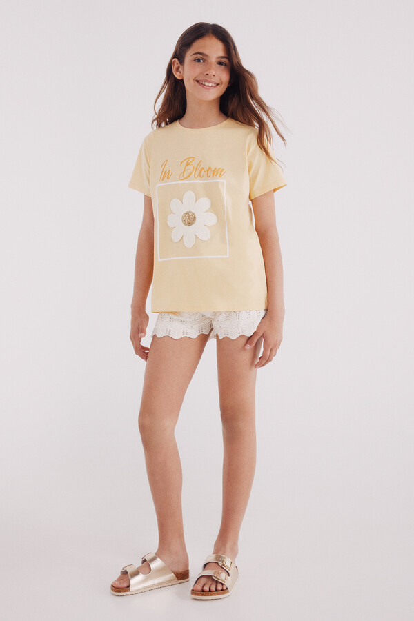 Springfield Kids Playera flor crochet niña amarillo