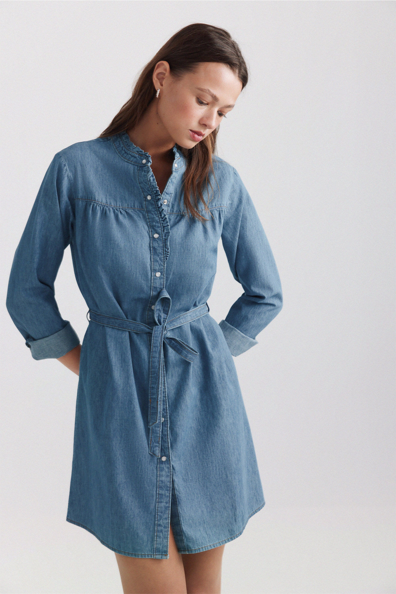 Springfield Vestido denim con volante y tapeta