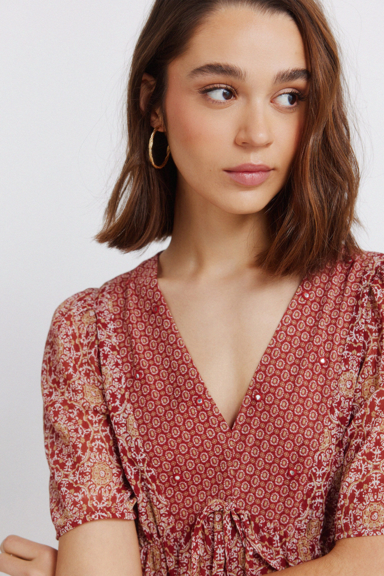 Springfield Vestido midi con estampado cenefa en el escote coral