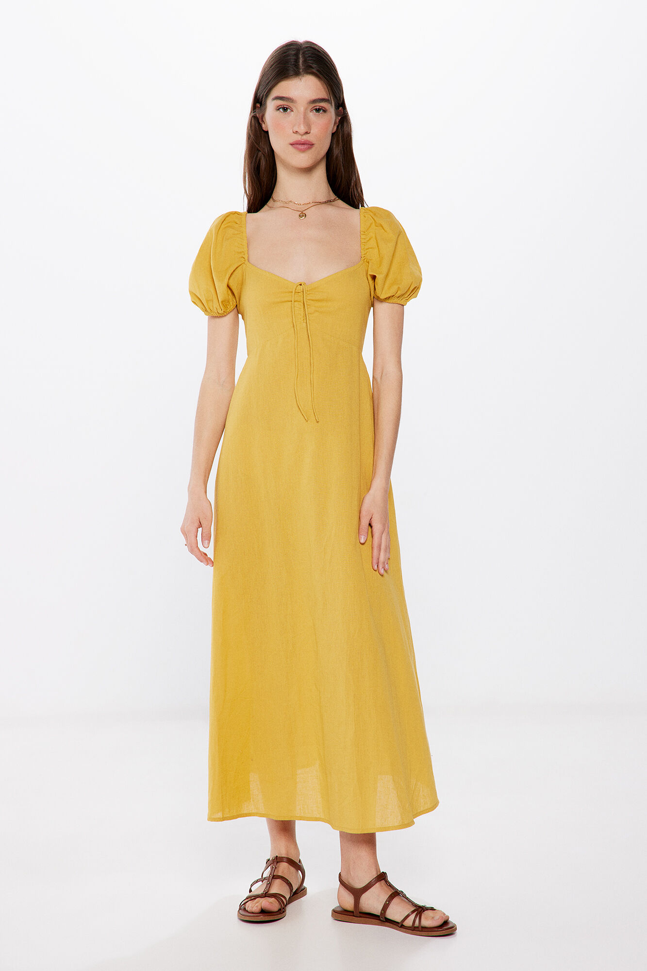Springfield Vestido midi algod&oacute;n lino amarillo