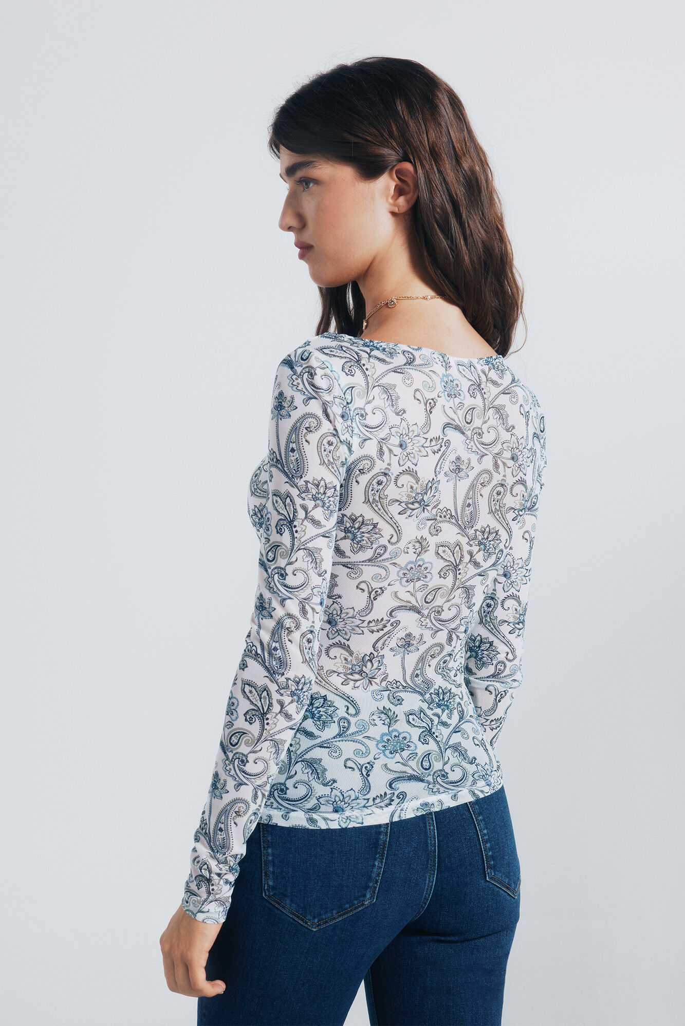 Springfield Playera gasa escote frunces estampada blanco