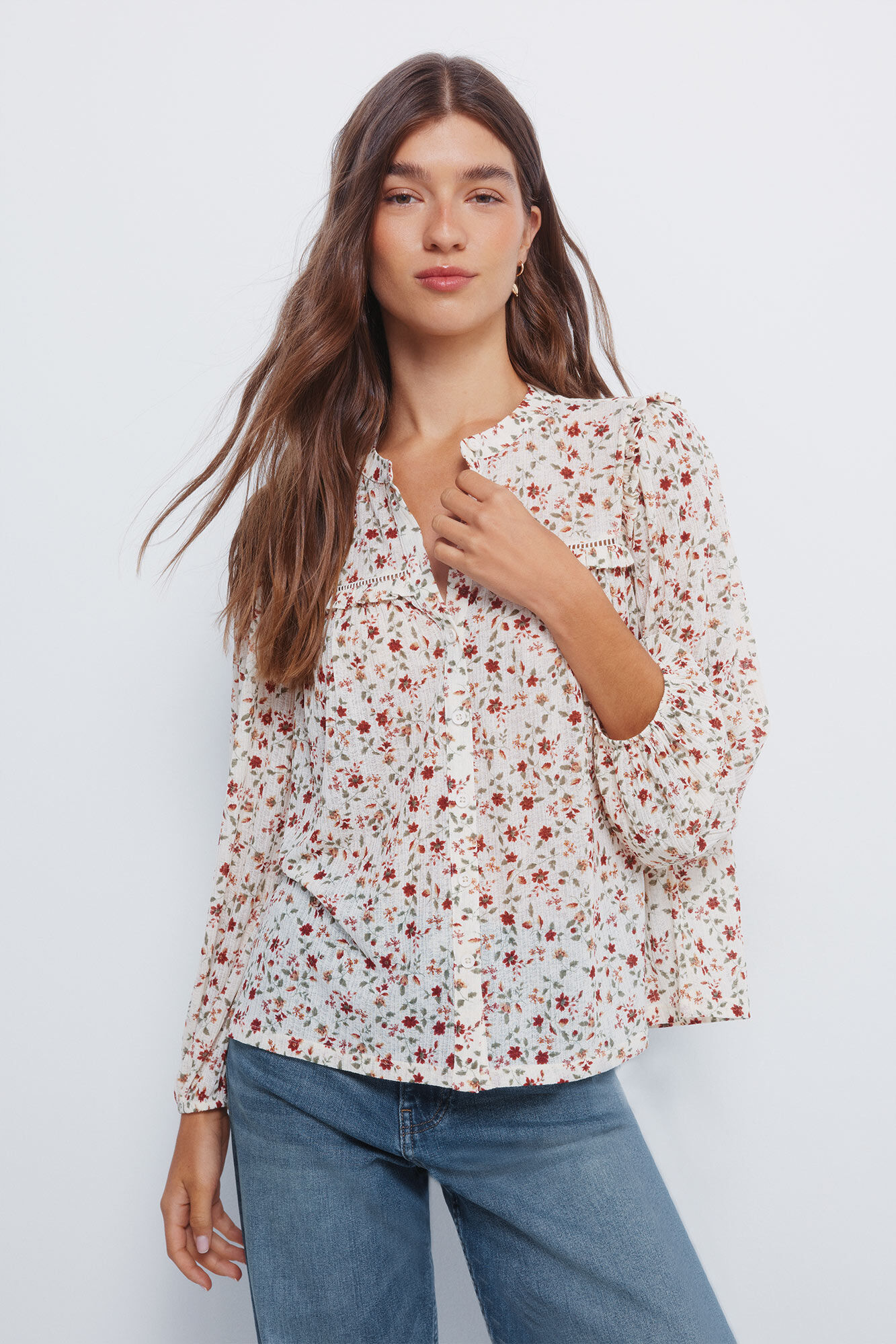 Springfield Blusa estampada con inserciones de volante blanco