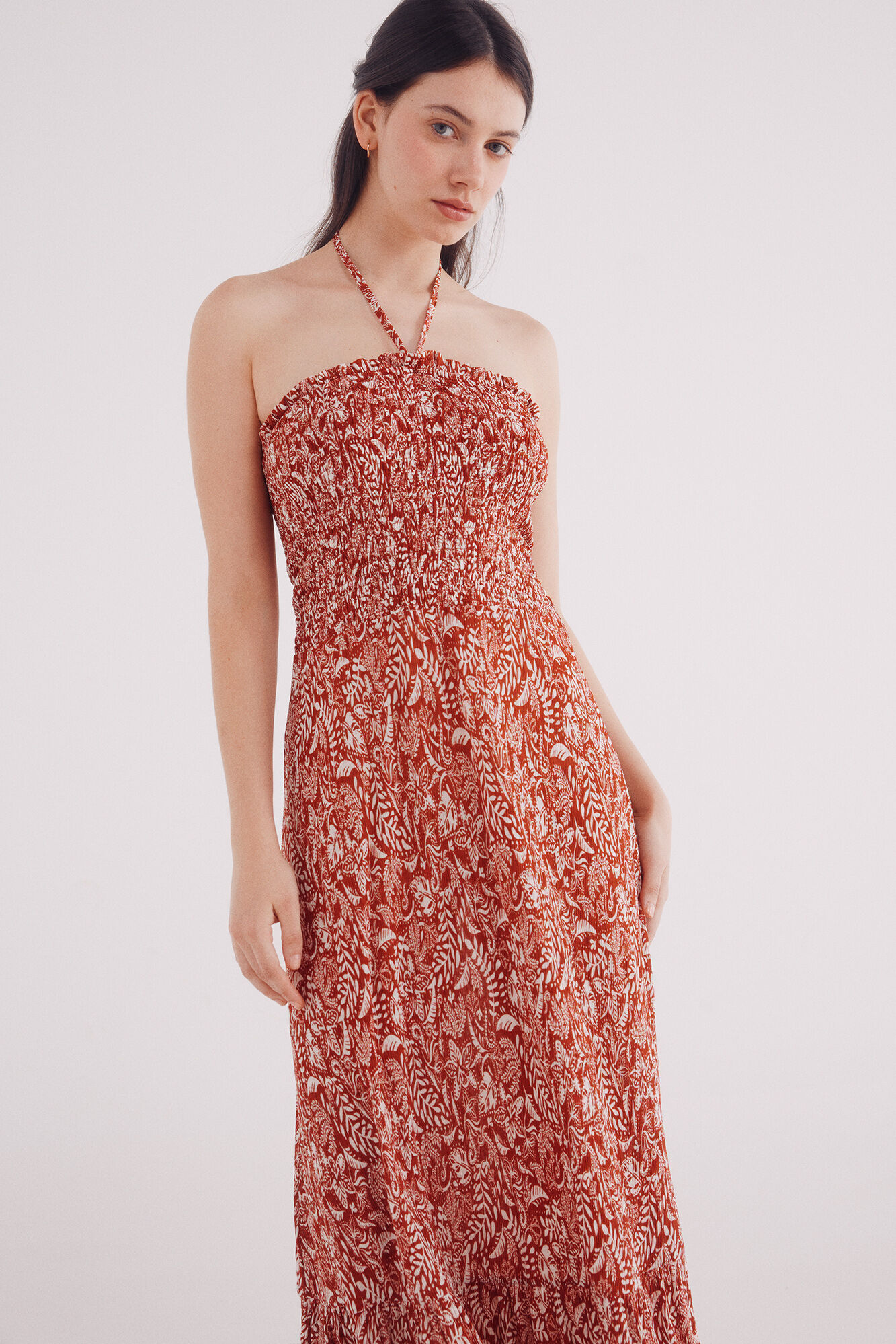 Springfield Vestido midi cuerpo nido de abeja naranja