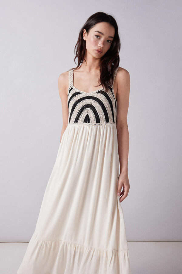 Springfield Vestido midi combinado crochet beige