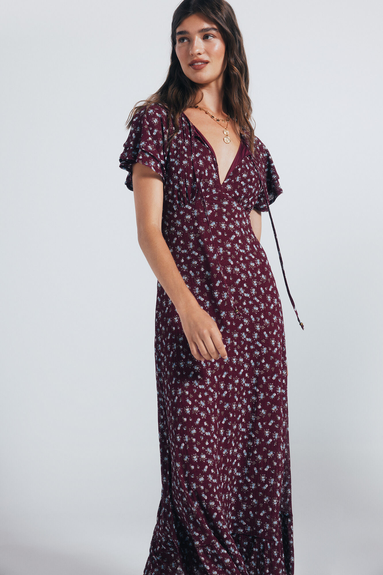 Springfield Vestido midi manga volante estampado p&uacute;rpura