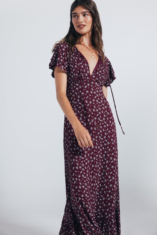 Springfield Vestido midi manga volante estampado púrpura