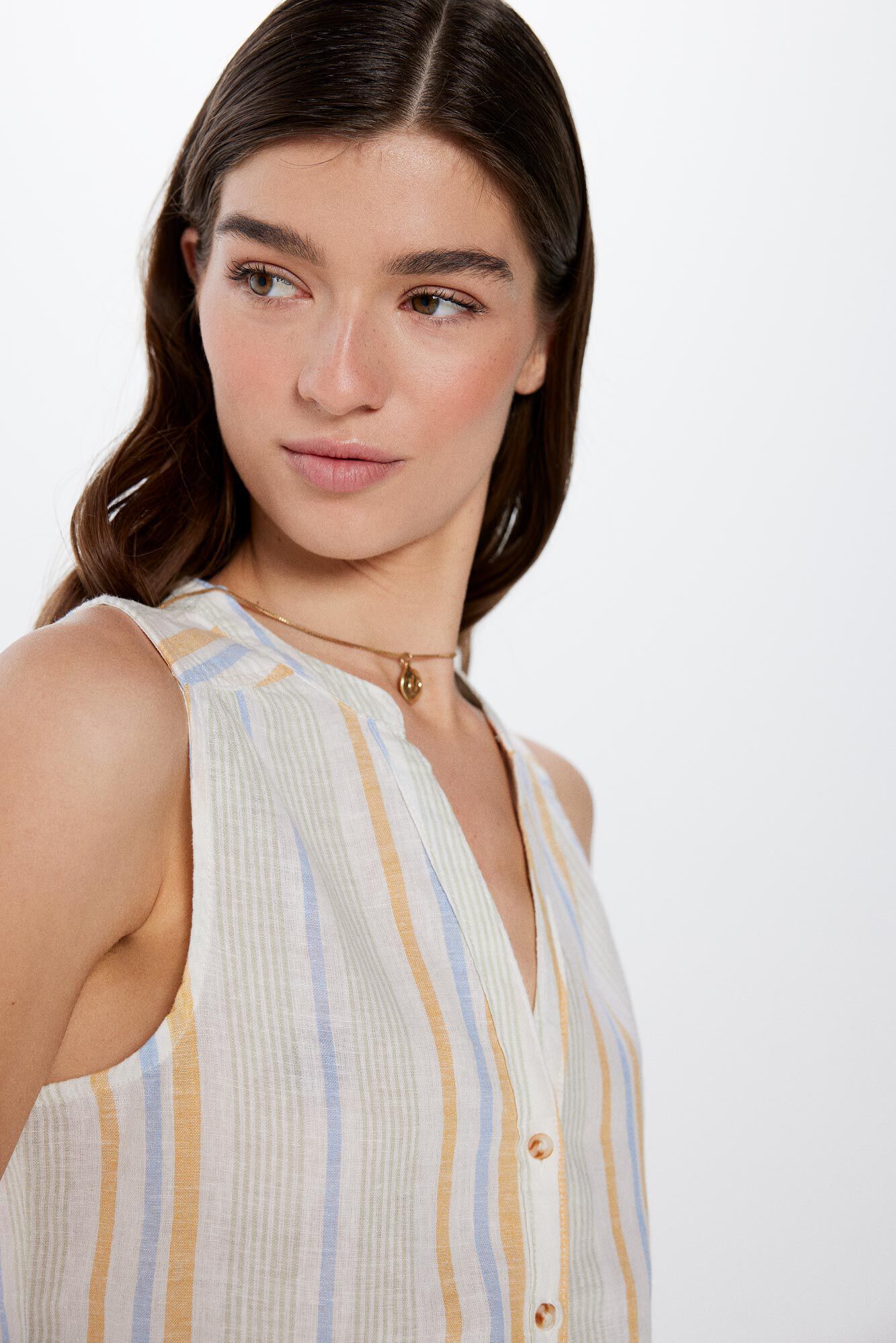 Springfield Blusa cuello mao sin mangas algod&oacute;n lino amarillo