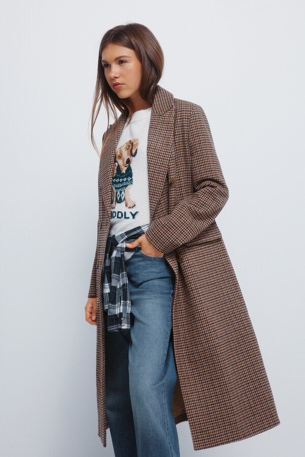 Springfield Chamarra largo de doble chamarra a cuadros café