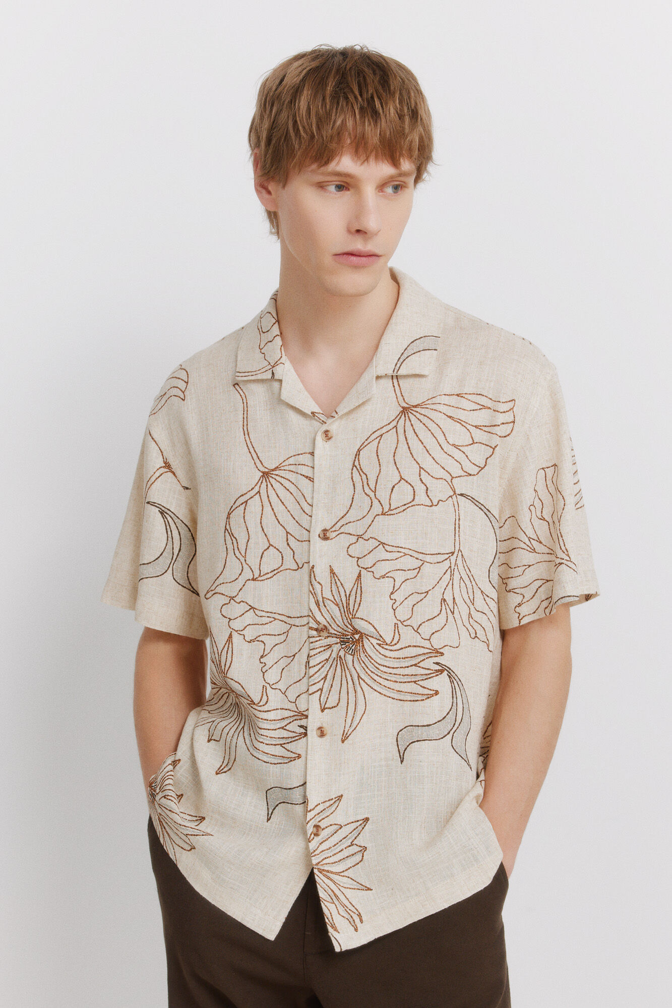 Springfield Camisa de manga corta estampada de lino y viscosa