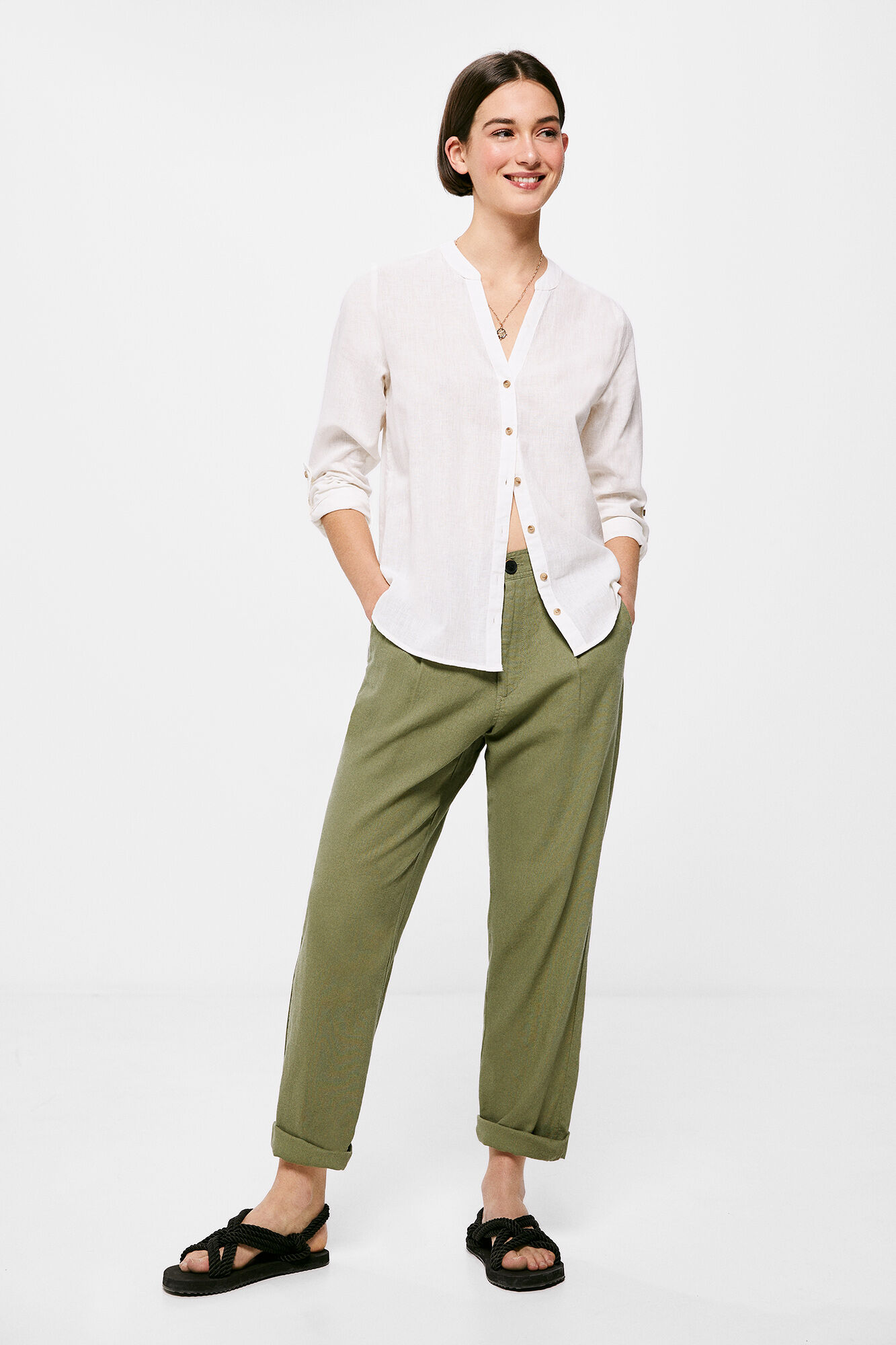 Springfield Camisa Cuello Mao Lino Algod&oacute;n amarillo