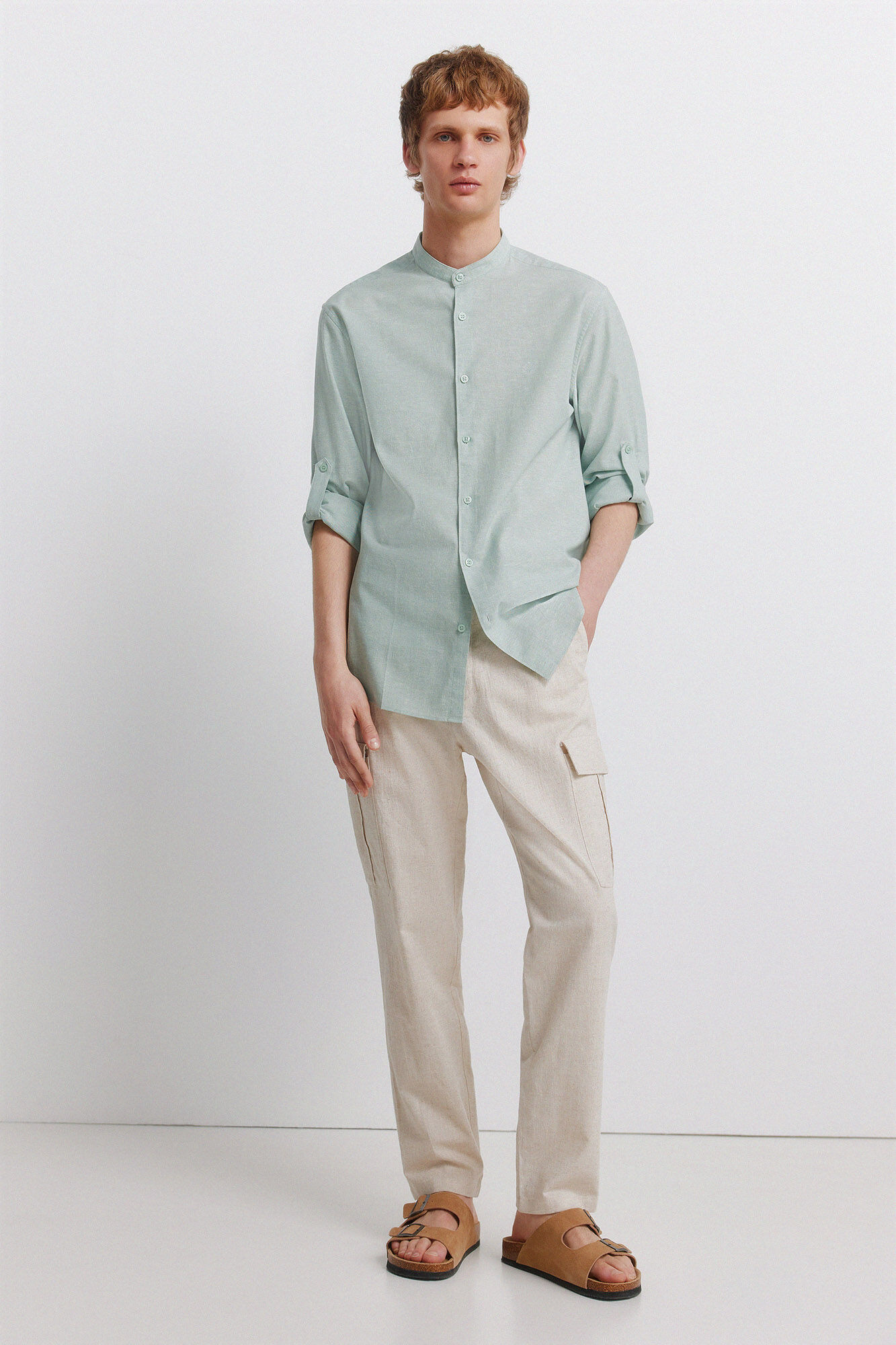 Springfield Camisa de lino cuello mao verde