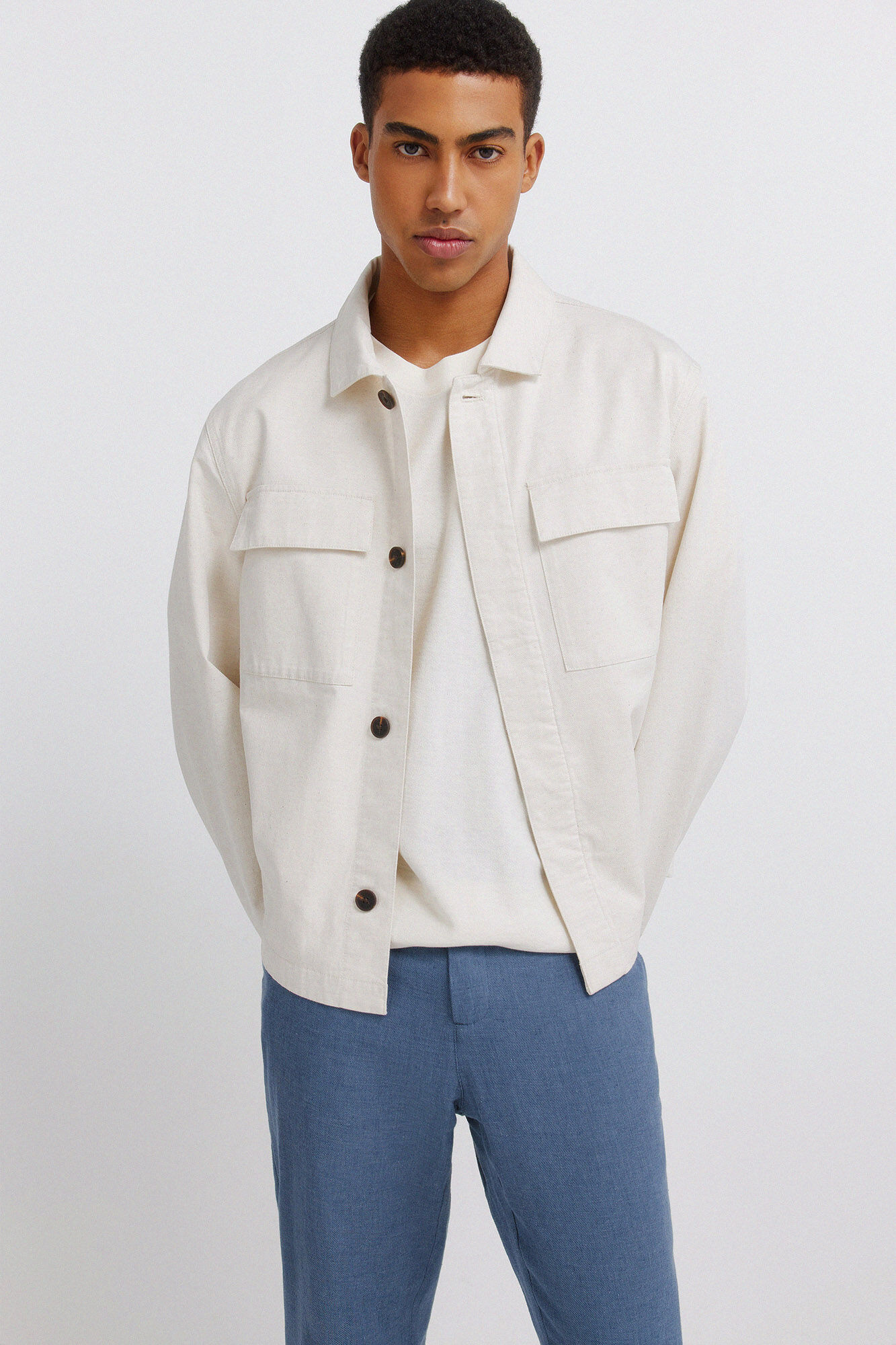 Springfield Pantal&oacute;n slim fit comfort de lino con estructura azul mezcla