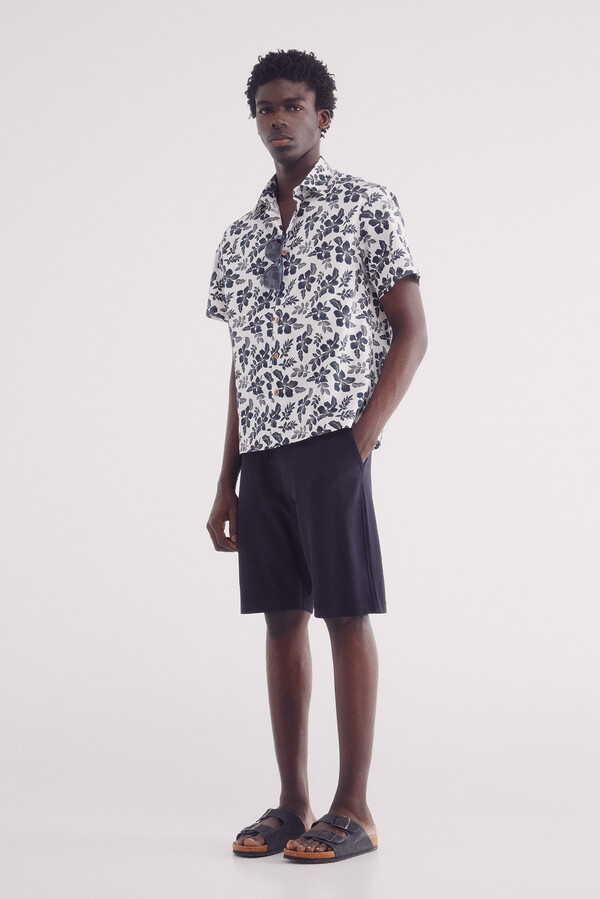 Springfield Camisa manga corta seersucker estampada azul indigo