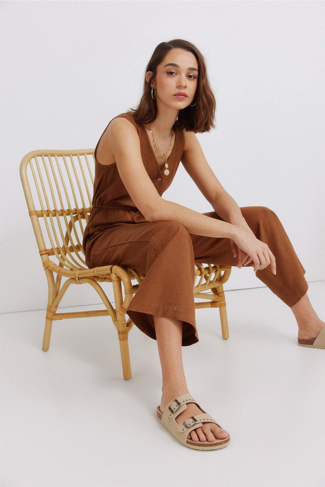 Springfield Jumpsuit sin mangas estampado de lino caf&eacute;
