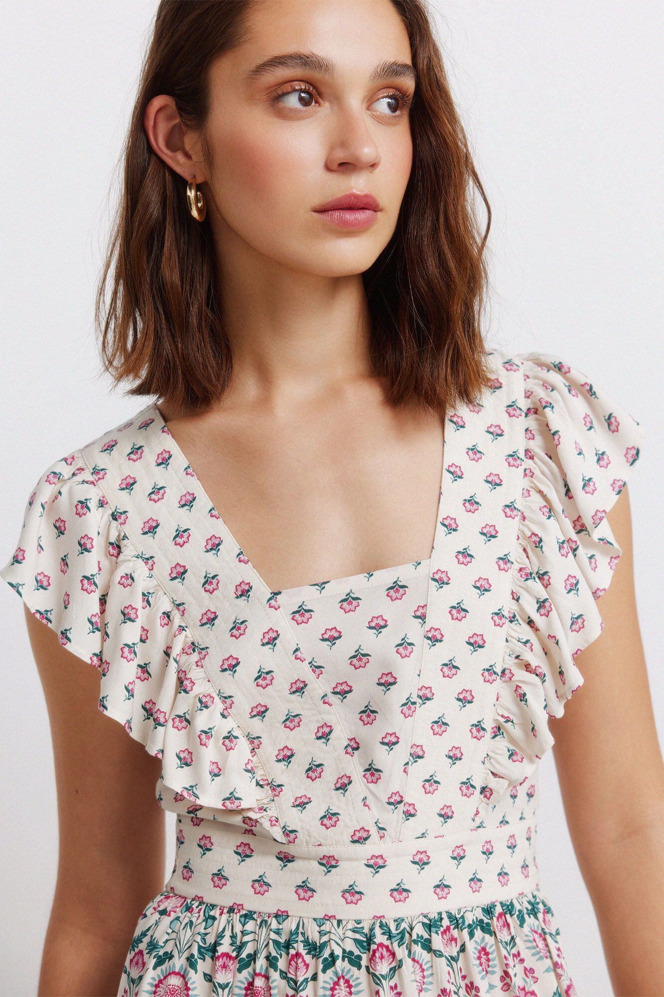 Springfield Vestido midi estampado con volantes blanco