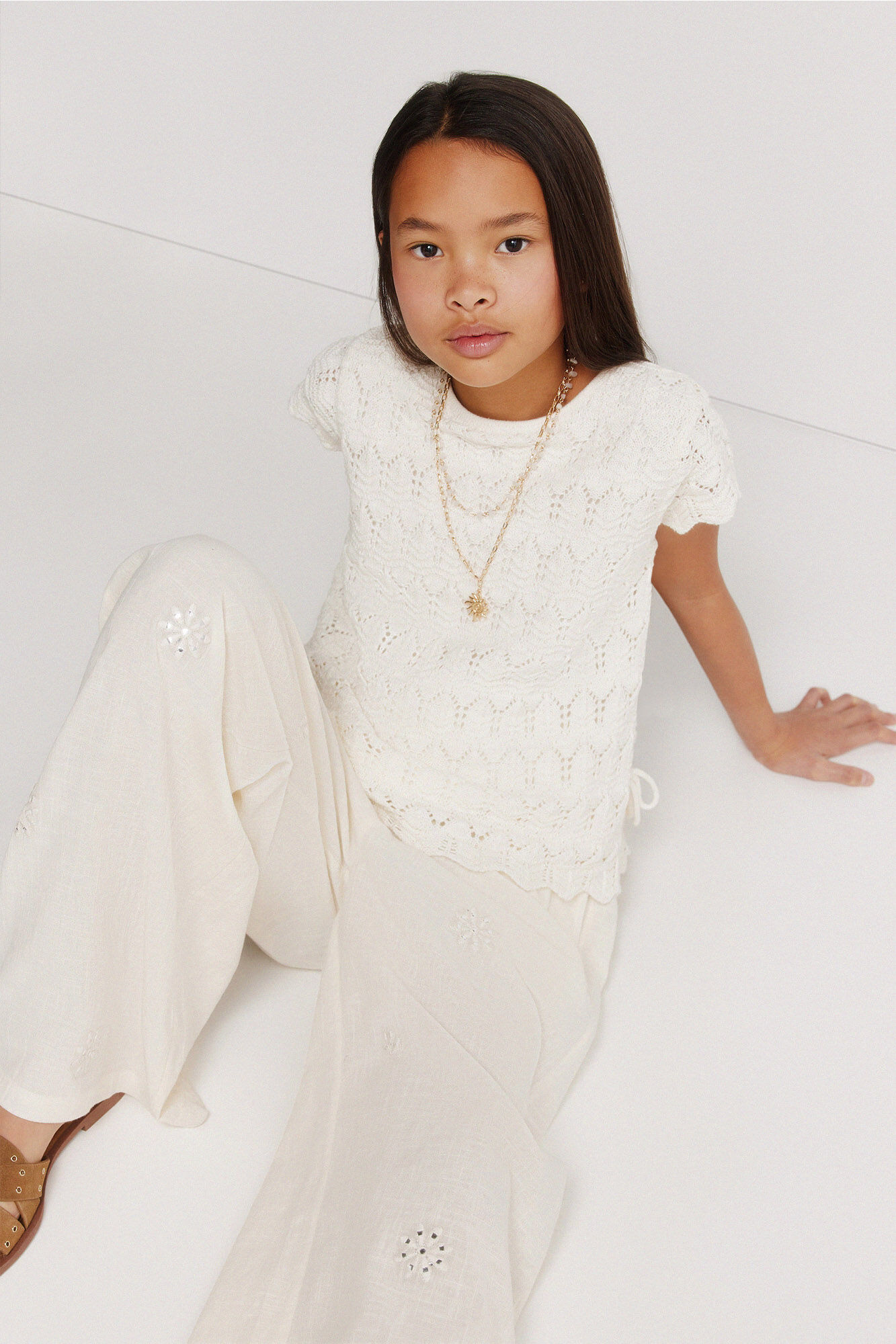 Springfield Kids Pantal&oacute;n fluido con bordados para ni&ntilde;a caf&eacute;