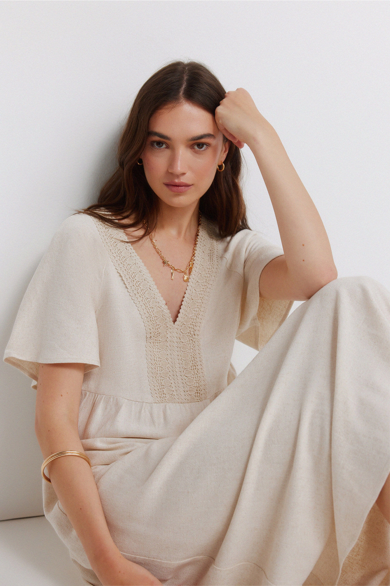 Springfield Vestido midi de lino crochet